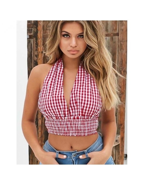 Sexy V-Neck Halter Plaid Smocked Hem Crop Tank Top...