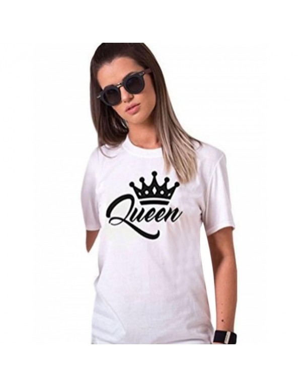 New Fashion QUEEN Letter Printed Short Sleeve Round Neck T-shirt for Couple Lovers