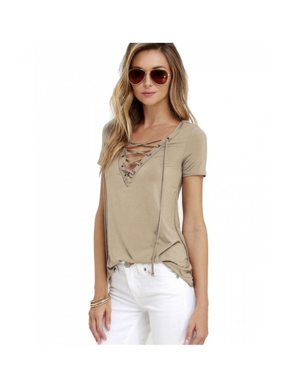 Criss Cross V-Neck Short Sleeve Loose Solid Pullover T-Shirts