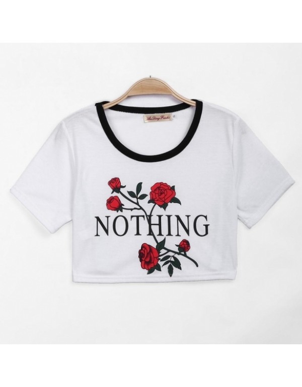 New FashionCasual Rose Letter Printed Short Sleeve Round Neck T-shirt Crop