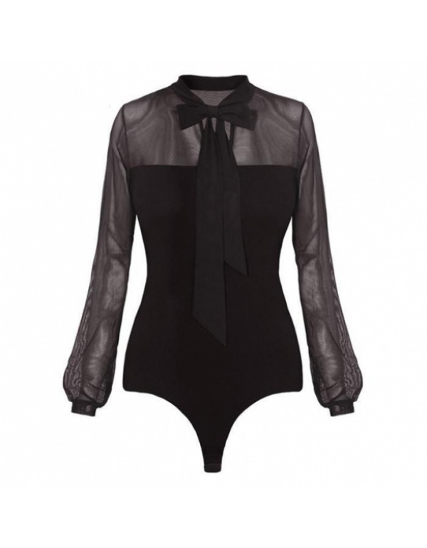 Black Transparent Long Sleeve Bow Body Black Mesh ...