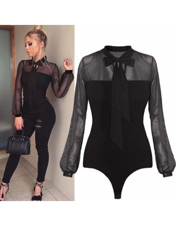 Black Transparent Long Sleeve Bow Body Black Mesh Bodysuit