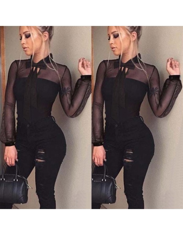 Black Transparent Long Sleeve Bow Body Black Mesh Bodysuit