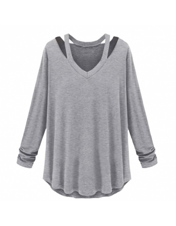 New Fashion Soft Casual Solid V-Neck Long Sleeve T-Shirt