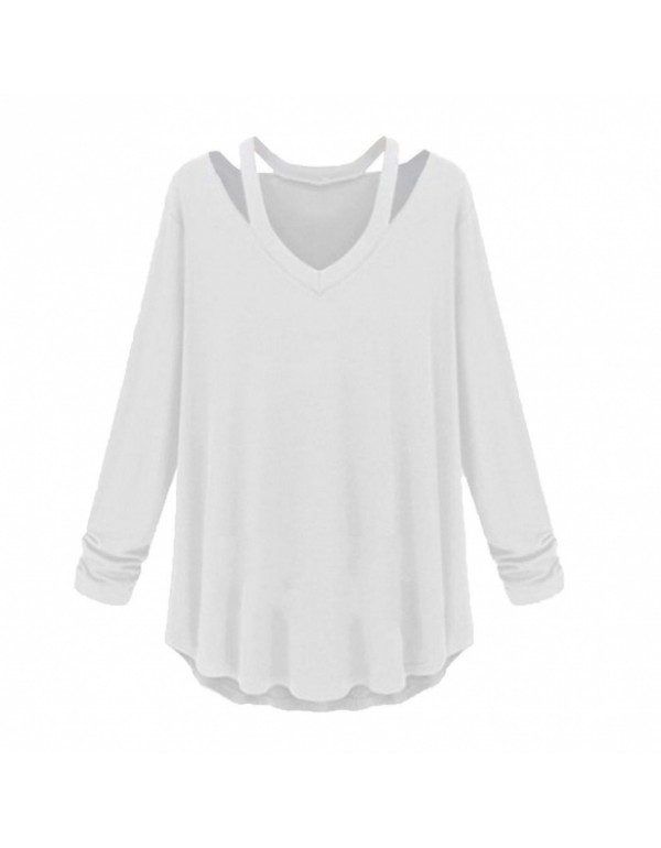 New Fashion Soft Casual Solid V-Neck Long Sleeve T-Shirt