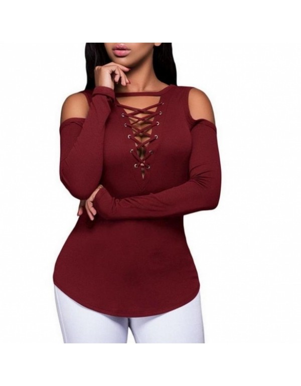 Solid Off-Shoulder Front Lace-Up Long Sleeve Blouse