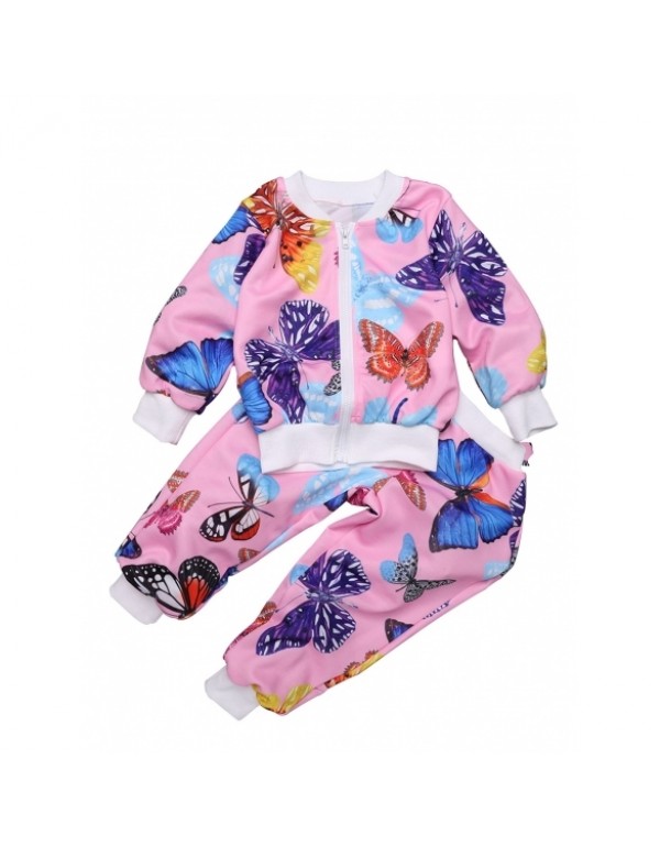 Girl's Butterfly Print Long Sleeve Coat Elastic Wa...