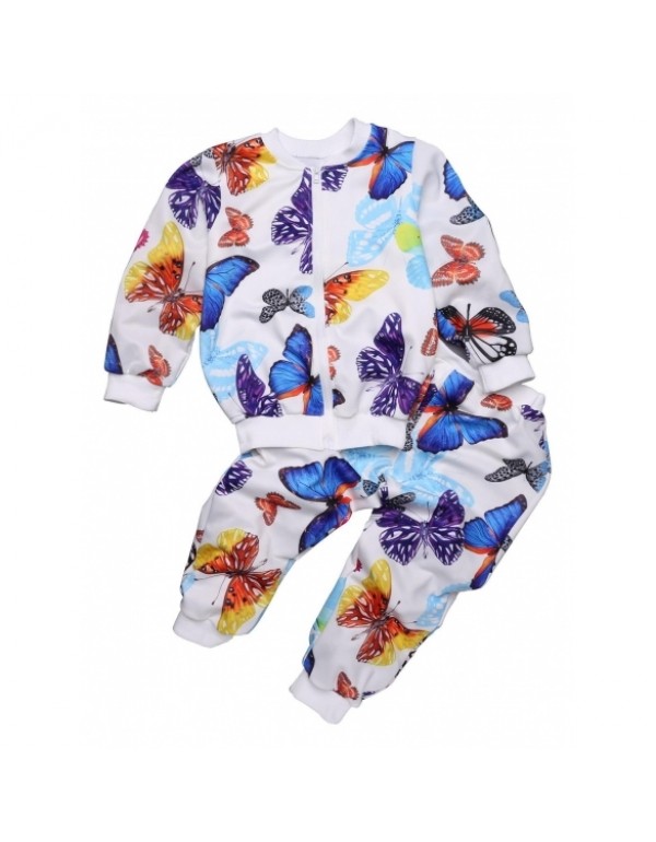 Girl's Butterfly Print Long Sleeve Coat Elastic Waist Pant Set