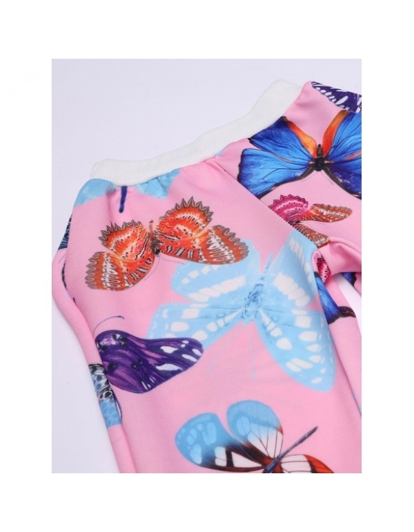 Girl's Butterfly Print Long Sleeve Coat Elastic Waist Pant Set