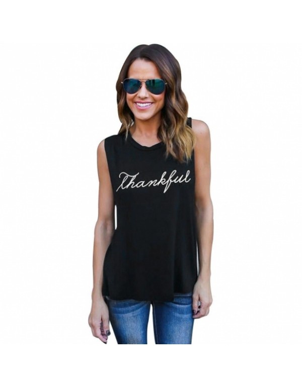 Sleeveless Letter Print Casual Loose Tee Shirt Tan...